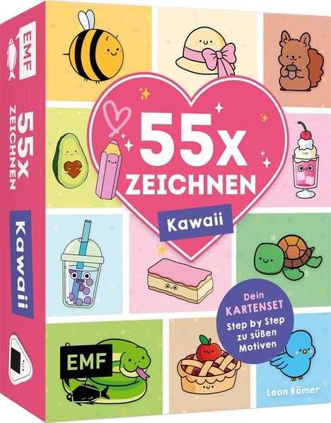 "55x Zeichnen Kawaii" steht in einem rosa Herz. Niedliche Zeichnungen von Tieren und Gegenständen in bunten Kästchen.
