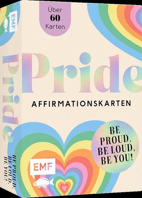 Text: "Über 60 Karten", "Pride Affirmationskarten", "BE PROUD, BE LOUD, BE YOU!", "EMF". Design: Bunte Herzen in Regenbogenfarben.