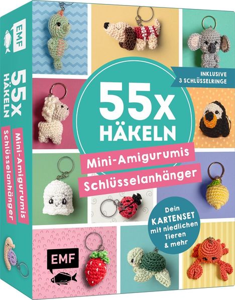 "55x Häkeln: Mini-Amigurumis Schlüsselanhänger" mit Bildern von gehäkelten Schlüsselanhängern wie Hund, Elefant und Erdbeere.