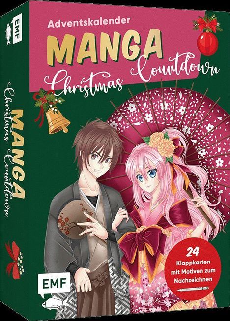"Adventskalender Manga Countdown" zeigt zwei Manga-Figuren in festlichen Kimonos mit einem roten, verzierten Schirm.