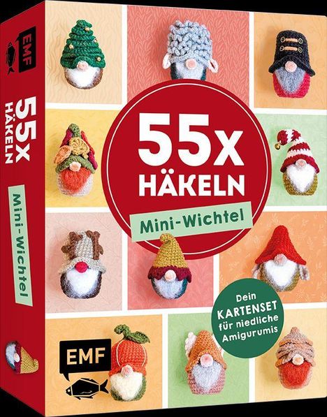 "55x Häkeln: Mini-Wichtel. Dein Kartenset für niedliche Amigurumis." Verschiedene gehäkelte Wichtel auf farbigem Hintergrund.