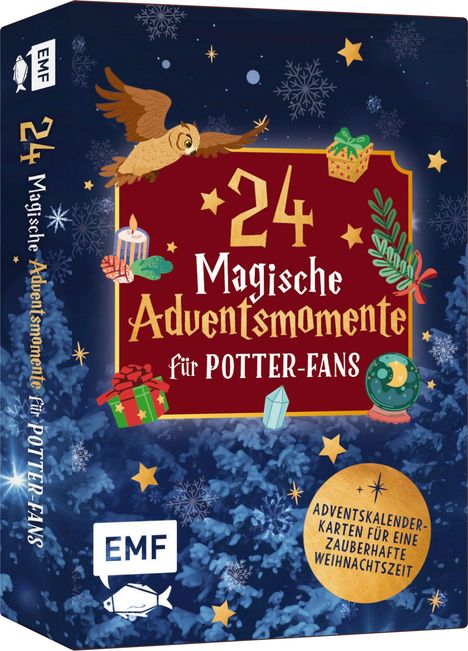 "24 Magische Adventsmomente für Potter-Fans." Ein illustriertes Cover mit einer Eule, Geschenken und weihnachtlichen Symbolen.