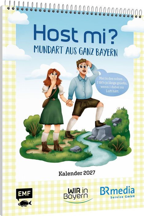 „Host mi? Mundart aus ganz Bayern“, Kalender 2027. Illustration: Ein Paar im bayerischen Stil auf einer Wiese.
