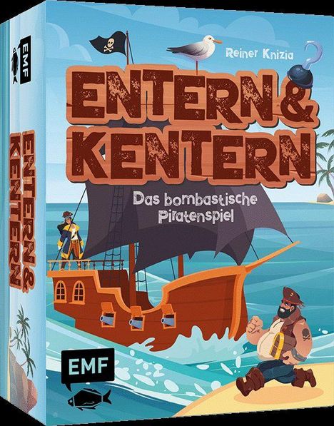 "ENTERN & KENTERN: Das bombastische Piratenspiel". Illustration eines Piratenschiffs und eines Piraten am Strand.