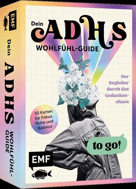 "Dein ADHS Wohlfühl-Guide", "50 Karten für Fokus, Ruhe und Balance", "to go!". Schwarz-weißes Foto, bunte Elemente.