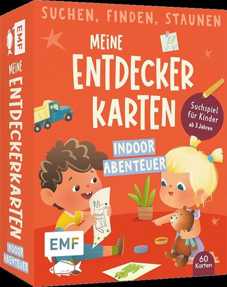 "Karten für Indoor-Abenteuer für Kinder ab 3 Jahren." Zwei Kinder spielen, eines hält ein Spielzeugauto, das andere einen Bären.