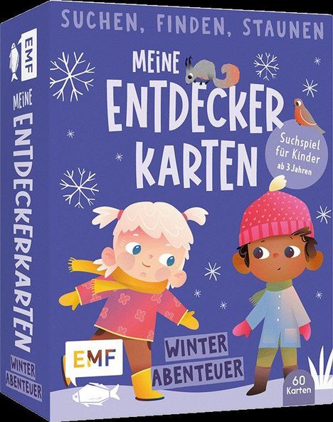„Suchen, finden, staunen. Meine Entdeckerkarten: Winter Abenteuer.“ Zwei Kinder in Winterkleidung, Schnee und Tiere.