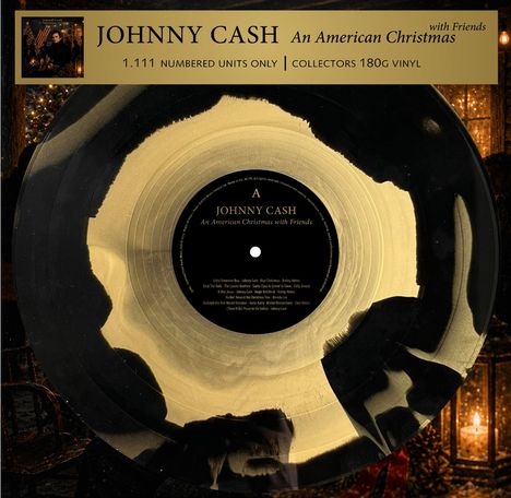 "Johnny Cash An American Christmas with Friends" steht oben, gefolgt von "1.111 numbered units only | Collectors 180g vinyl". Darunter ist eine Vinylplatte abgebildet.