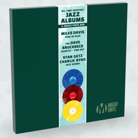 Auf einer grünen Box stehen Titel legendärer Jazz-Alben. Drei verschiedenfarbige Schallplatten sind abgebildet.