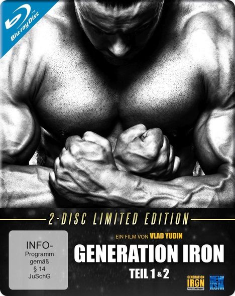 "INFO-Programm gemäß § 14 JuSchG", "GENERATION IRON TEIL 1 & 2", muskulöser Mann, Arme gekreuzt, Blu-ray Logo oben links.