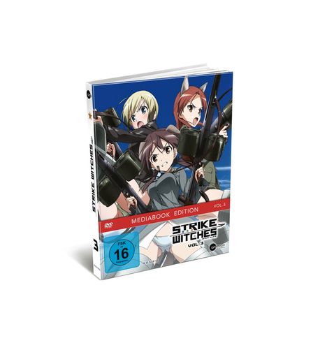 "Mediabook Edition Vol. 3, FSK 16, Strike Witches Vol. 3." Anime-Cover mit drei gezeichneten Mädchen in Uniformen.