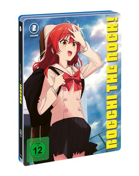 "Bocchi The Rock! Volume 2" in gelbem Text. Ein Mädchen mit roten Haaren und Schuluniform lächelt und hält einen Rucksack.