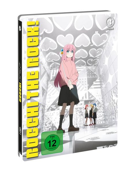 "ROCCHI THE ROCK!", FSK 12. Illustration einer Figur mit rosa Haaren in einem Raum voller Herzmuster.