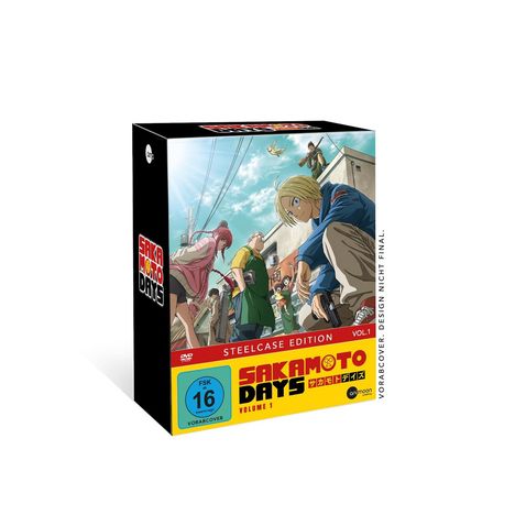 „SAKAMOTO DAYS“, Steelcase Edition, Volume 1. FSK 16. Illustration mit verschiedenen Charakteren und lebhaften Farben.