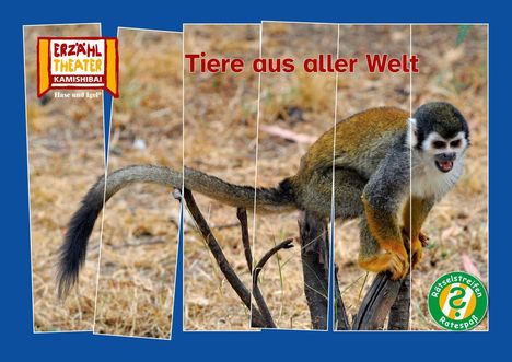 „Tiere aus aller Welt“ steht auf dem Bild. Ein kleiner Affe sitzt auf einem Ast. Links ist ein „Erzähltheater“-Logo.