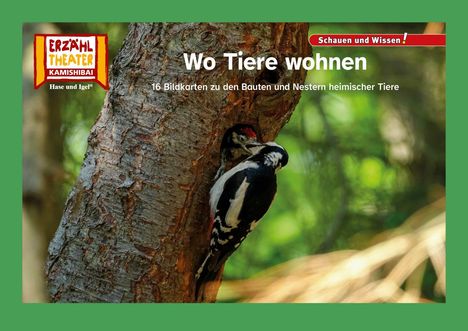 "Wo Tiere wohnen" und "Schauen und Wissen!" Ein Specht hämmert an einen Baumstamm. Links ist ein Logo.