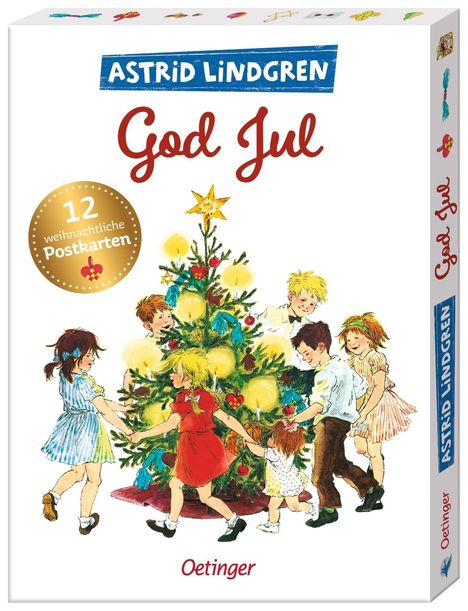 Text: "Astrid Lindgren, God Jul, 12 weihnachtliche Postkarten, Oetinger." Illustration von Kindern um einen geschmückten Weihnachtsbaum.