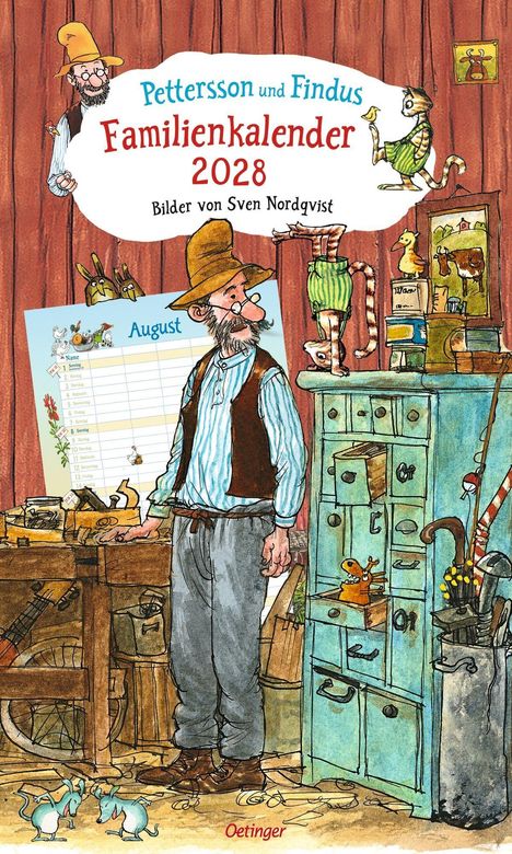 Text: "Pettersson und Findus Familienkalender 2028" und "Bilder von Sven Nordqvist". Illustration eines alten Mannes mit Katze.