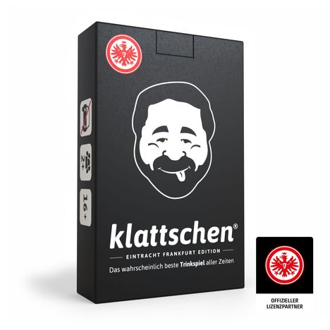 "klattschen Eintracht Frankfurt Edition. Das wahrscheinlich beste Trinkspiel aller Zeiten." zeigt eine lachende Illustration.