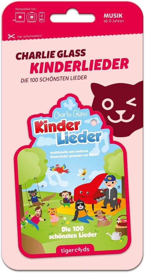 "Charlie Glass Kinderlieder" und "Die 100 schönsten Lieder". Illustration mit Tieren, Klavier, Kinder und Natur.