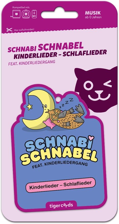 "SCHNABI SCHNABEL KINDERLIEDER - SCHLAFLIEDER feat. KINDERLIEDERGANG. Illustration: Mond mit schlafender Eule."
