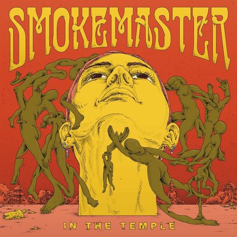 "SMOKEMASTER" und "IN THE TEMPLE" in markanter Schrift, skurrile gelbe Gesichter und grüne humanoide Figuren auf rotem Hintergrund.