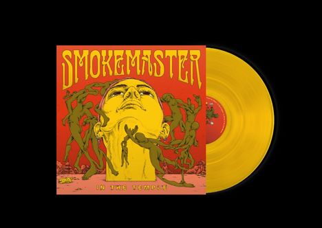 Text: "SMOKEMASTER", "IN THE TEMPLE". Illustration eines Gesichtes umgeben von tanzenden Figuren, gelbe Vinyl-Schallplatte.