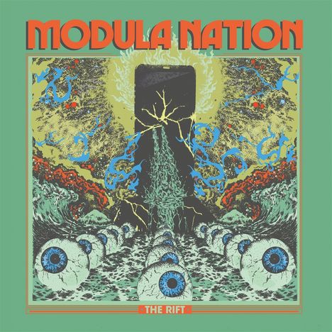 „MODULA NATION“ oben, „THE RIFT“ unten auf grüner Illustration mit Augen, blauen Wirbeln und einem Riss in der Mitte.