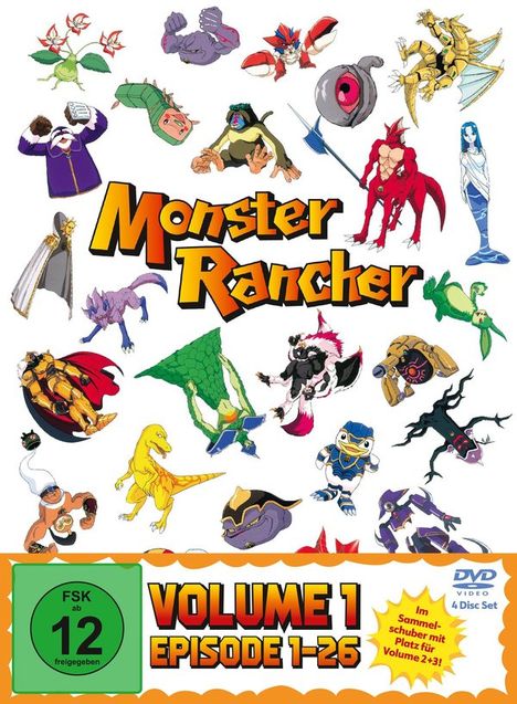 "Monster Rancher" ist in großen Buchstaben zentriert. Darunter "Volume 1, Episode 1-26". Zahlreiche bunte Monster drumherum.