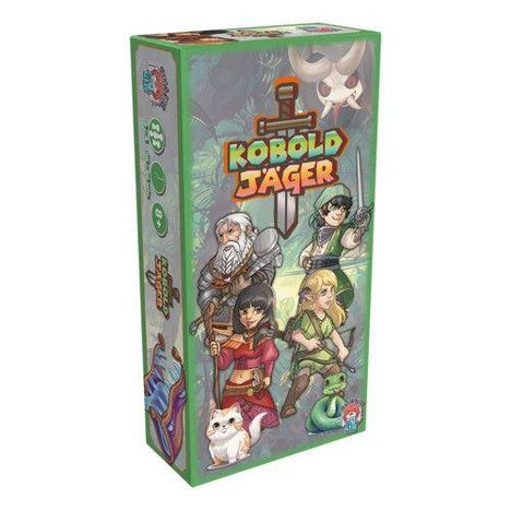 KOBOLD JÄGER. Illustration von Fantasy-Charakteren mit Schwert, Axt, Katze und einem grünen Monster auf einer Schachtel.