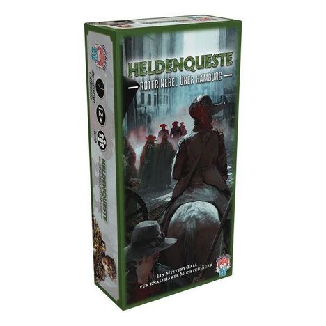 "HELDENQUESTE: ROTER NEBEL ÜBER HAMBURG. Ein Mystery-Fall für knallharte Monsterjäger." Illustration: eine städtische Szene mit Reitern.