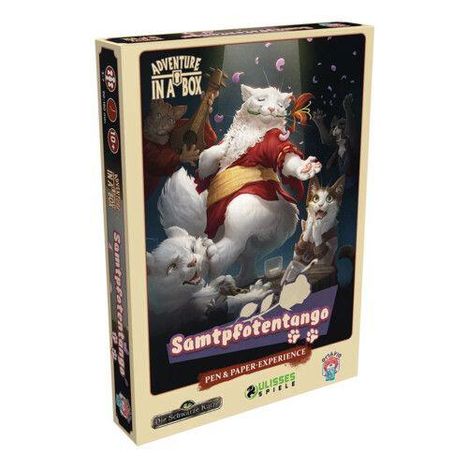 "Adventure in a Box", "Samtpfotentango", "Pen & Paper Experience". Ein weißer, stehender Kater in rotem Gewand tanzt.