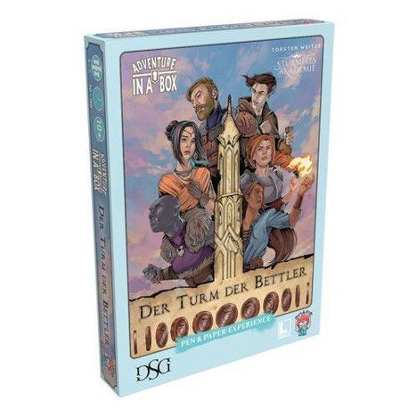 „Der Turm der Bettler“, ein Pen & Paper-Erlebnis. Illustration: Diverse Charaktere um einen Turm.