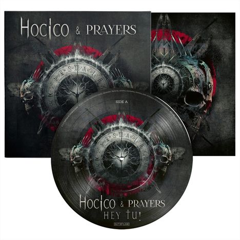 „Hocico & Prayers“, „HEY TÚ!“. Kreisförmiges Design mit Schädel und Uhr, in dunklen Farben mit roten Akzenten.
