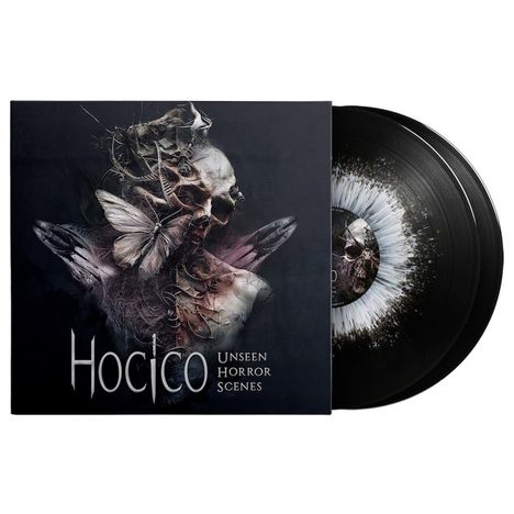 "Unseen Horror Scenes" und "Hocico". Ein surrealer Schädel mit Schmetterling, dazu eine Vinyl-Schallplatte mit abstraktem Muster.