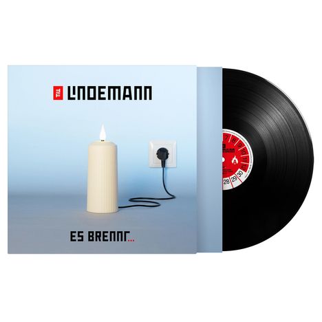 Text: "LINDEMANN" und "ES BRENNR...". Eine große Kerze mit Flamme, angeschlossen an eine Steckdose. Daneben eine Vinyl-Schallplatte.