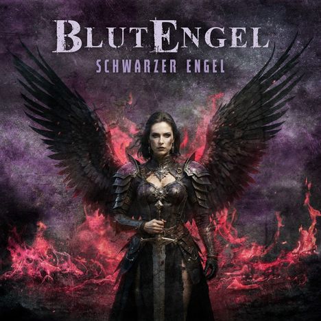 "BlutEngel, Schwarzer Engel" steht oben. Eine Frau in Rüstung mit schwarzen Flügeln und rotem Hintergrund.