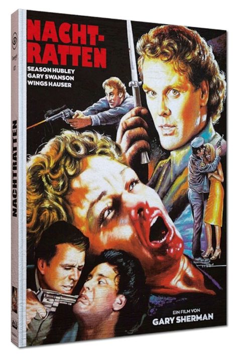 "NACHTRATTEN", Namen der Schauspieler, "Ein Film von Gary Sherman". Illustration mit intensiven Gesichtsausdrücken und Waffen.