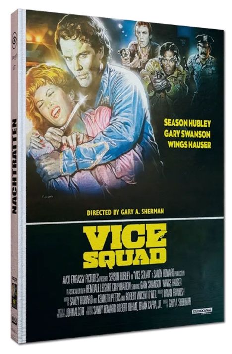 "VICE SQUAD" in gelber Schrift. Darunter: Season Hubley, Gary Swanson, Wings Hauser. Illustration: Mann umarmt Frau.