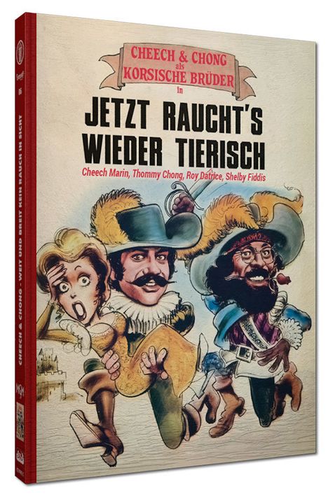 "Cheech & Chong als Korsische Brüder in Jetzt raucht's wieder tierisch. Cheech Marin, Thommy Chong, Roy Dotrice, Shelby Fiddis." Illustrative Darstellung von drei komisch gekleideten Figuren.