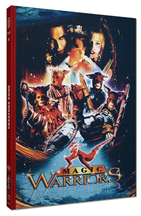 "Magic Warriors" in leuchtenden Buchstaben unten. Dynamische Figuren mit magischen und kriegerischen Motiven umrahmt von Blau.