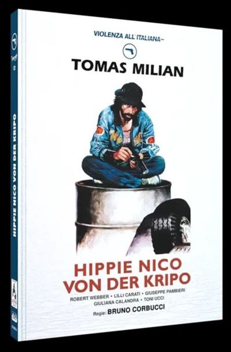 TOMAS MILIAN, HIPPIE NICO VON DER KRIPO, Mann in Jeansjacke sitzt auf einem Fass, Filmplakat.