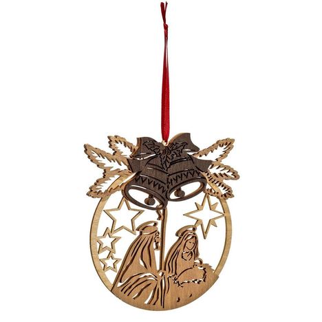 Holzornament mit Krippenszene, Weihnachtsglocken und Sternen, verziert mit einem roten Band zum Aufhängen.