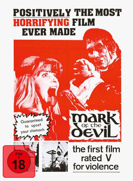 Text: "Positively the most horrifying film ever made", "Guaranteed to upset your stomach", "Mark of the Devil", "the first film rated V for violence", "FSK ab 18". Das Bild zeigt eine schreiende Frau und einen bedrohlich wirkenden Mann.