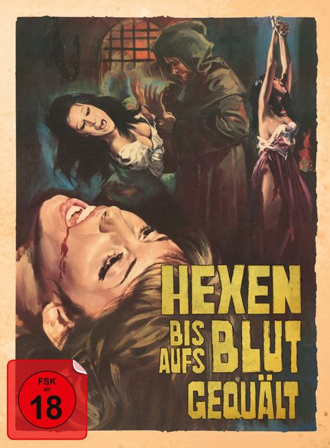 „Hexen bis aufs Blut gequält“ in gelber Schrift. Darunter eine rote FSK 18-Plakette. Szene zeigt Frauen und eine vermummte Gestalt.