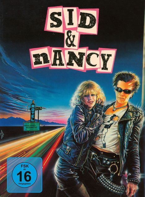 "SID & NANCY" in großen, unregelmäßigen Buchstaben. Darunter zwei Personen in Lederjacken vor einer nächtlichen Straße.