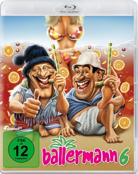 Der Text lautet "ballermann 6" und "FSK ab 12 freigegeben". Zwei fröhliche Cartoon-Männer mit Strohhalmen und eine Frau im Bikini.