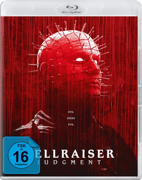 Text: "EVIL SEEKS EVIL", "HELLRAISER JUDGMENT", "FSK ab 16 freigegeben". Rotes, stacheliges Gesicht mit Nägeln.