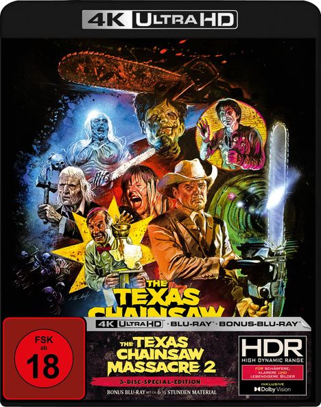 "The Texas Chainsaw Massacre 2" Schriftzug, FSK 18. Bunte Horrorgestalten, Kettensäge, Mann mit Cowboyhut in illustrativem Design.