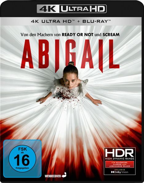 Text: "Von den Machern von READY OR NOT und SCREAM. ABIGAIL. FSK 16. HDR". Eine Frau im weißen Kleid mit roten Flecken.